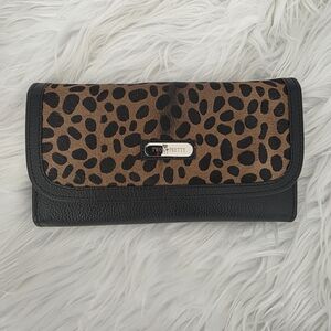 Leopard Print Calf Hair Detail Black Leather Trifold Wallet